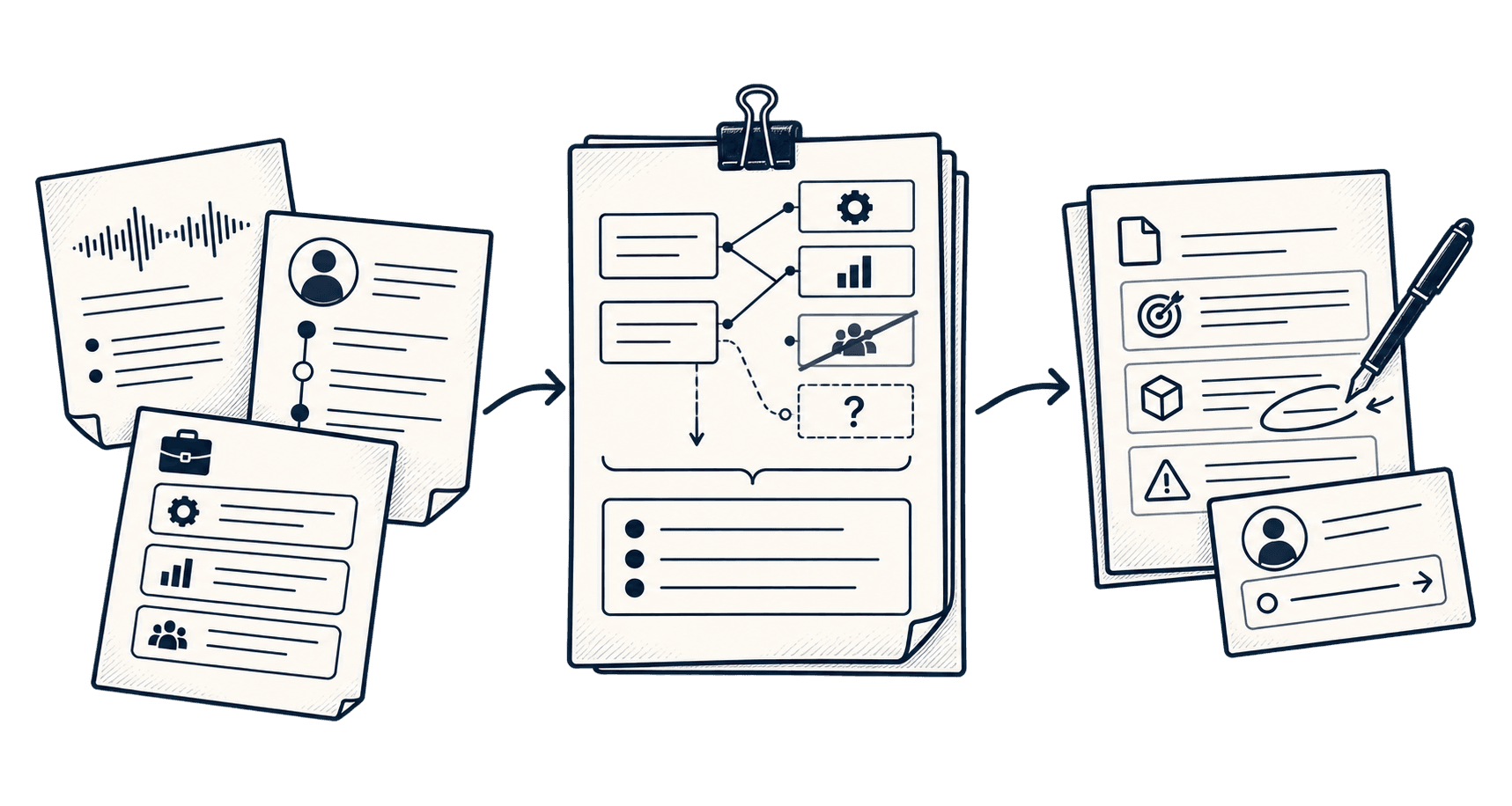 Call notes, customer history, and services feed an AI comparison that matches needs, excludes a poor fit, and flags an unanswered question. A tailored proposal and customer-record update are prepared for human review.